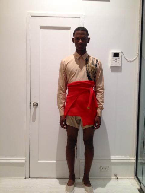 Lucas/Request wears shirt X Dries Van Noten . Wrap, shorts and shoes X Eckhaus Latta. Styling x Hannelore Knuts